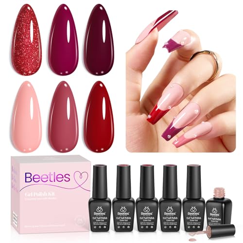 Beetles Red Gel Nail Polish Set - 6 Colors Burgundy Nude Glitter Soak Off UV LED Manicure Kit