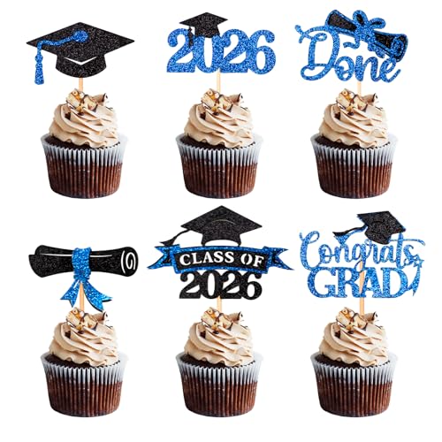 Class of 2026 Blue Glitter Graduation Cupcake Toppers 24 PCS
