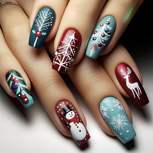 Christmas Press on Nails Medium Coffin Glossy Acrylic False Nails 24Pcs
