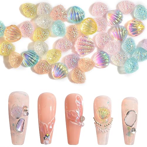 MEILINDS Iridescent Resin Seashell Nail Charms 100pcs 3D Mermaid Shell Art