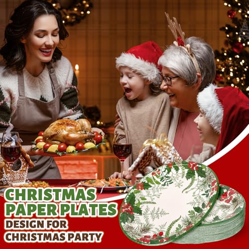 Christmas Oval Paper Plates Holly Berry Pine Cone Disposable Tableware 10x12 Inch - Pack of 50 - Holiday Party Decor