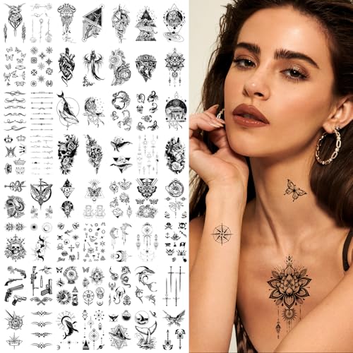 80 Sheets Small Temporary Tattoos Kit - Waterproof Realistic Finger Neck Hand Tattoos for Adults Women Men Kids