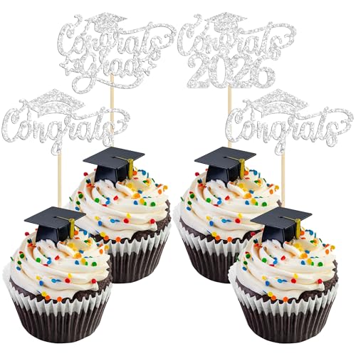 24 Pcs Graduation Cupcake Toppers - Class of 2026 Glitter Decor