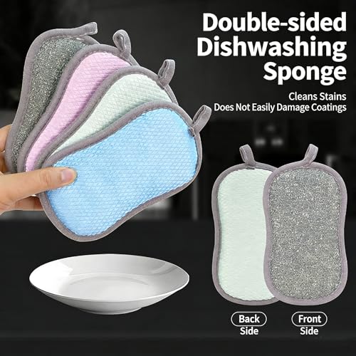 Double-Sided 8-Shape Scrub Sponges - Non-Scratch Kitchen Dish Scrubber (Pink, 4-Pack)