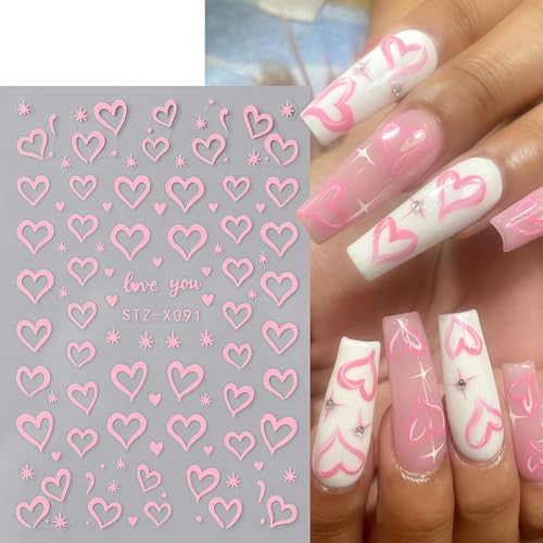 Valentine's Nail Art Stickers 6 Sheets 3D Red Pink Hearts & Bows Decals