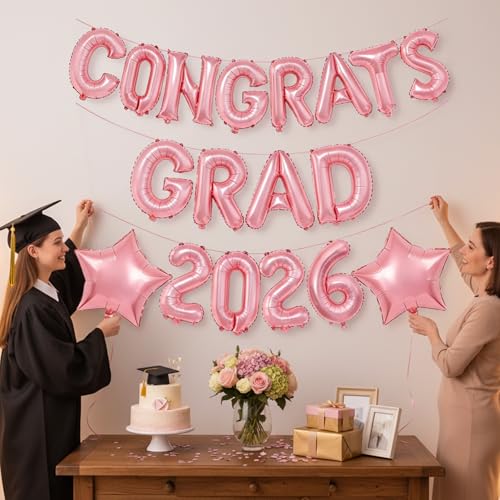 16-Inch Rose Gold Graduation Balloons 2026 - Congrats Grad Banner