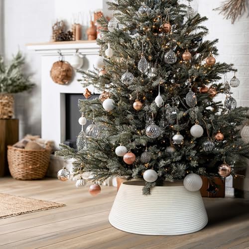 White Christmas Tree Collar 28 Inch Woven Cotton Rope Farmhouse Holiday Decor