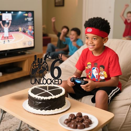 Level 6 Unlocked Cake Topper | Black Glitter Video Game Decor