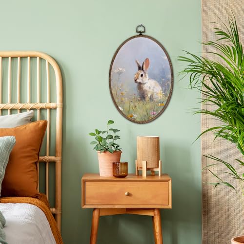 Easter Bunny Oval Wall Art Decor - Rustic Spring Rabbit Canvas 8.6x11.4