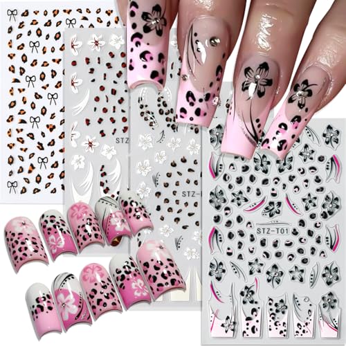 SUTOZMIWE 8 Sheets 3D Floral & Leopard Print Nail Art Stickers Decals