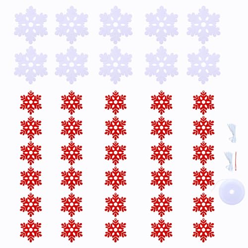 Bulk Felt Snowflake Ornaments - White and Red Holiday Decorations for Winter Parties