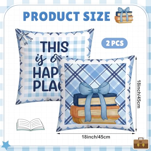 Tranqun Back to School Pillow Covers - 2 Pack 18x18 Inch Blue Gingham