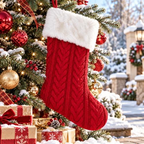 Red Knitted Christmas Stocking Set - White & Red Festive Holiday Decor