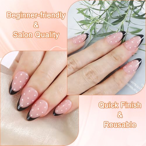 FNNZ Black French Tip Short Almond Press On Nails with Glue - 32Pcs
