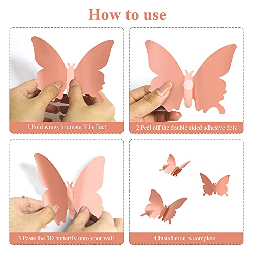 CAYUDEN 24pcs 3D Mirror Butterfly Wall Stickers - Rose Gold Decor