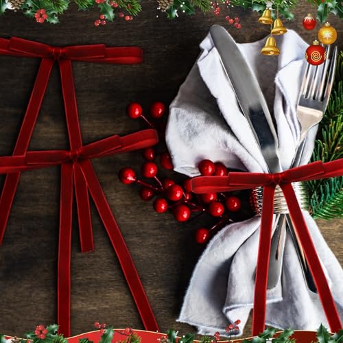 Christmas Burgundy Napkin Ring with Red Velvet Bow - Elegant Holiday Table Decor