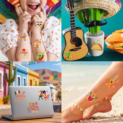 Konsait Cinco de Mayo Temporary Tattoos, 96 Pcs Mexican Fiesta Party Favors