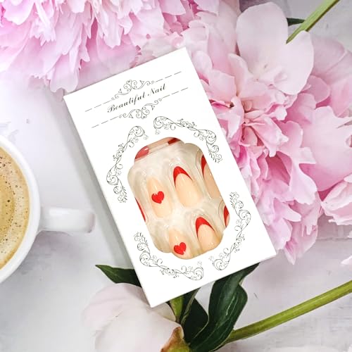 Onsdag Red French Tip Almond Press On Nails with Heart Designs 24 Pcs