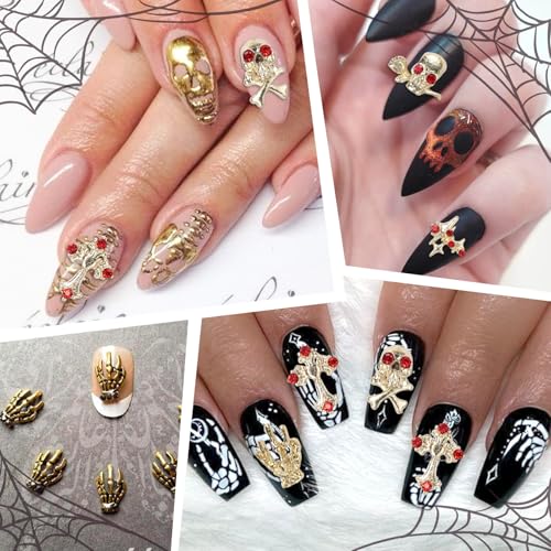 CESUSME 35 Pcs Gold Punk Nail Charms Alloy Skull Skeleton Hand Gems