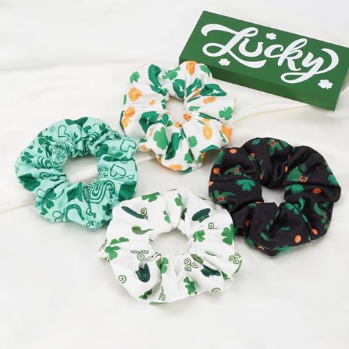 St Patrick's Day Hair Scrunchies 4-Pack Green Shamrock Irish Ponytail Holders