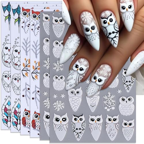 IDDFEVE 6 Sheets Christmas Winter Owl & Snowflake Self-Adhesive Nail Stickers