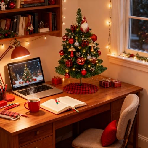 Mini Gnome Christmas Tree with Lights - 2 Ft Small Tabletop Holiday Tree