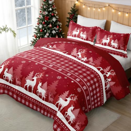Luxudecor Christmas Bedding Set King Size Reindeer Red Duvet Cover & Pillow Shams
