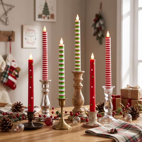 Christmas Flameless Taper Candles Set - Striped & Dots, 10.6 Inch, 6 Pack
