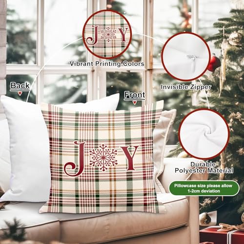 Christmas Throw Pillow Covers Set of 2 - White 20x20 Plaid Holiday Decor