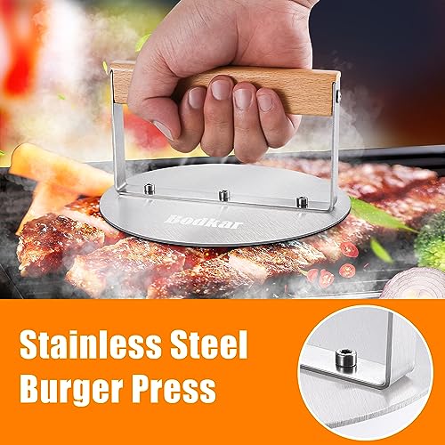 Bodkar 6-Inch Stainless Steel Burger Press with Heat-Resistant Wood Handle