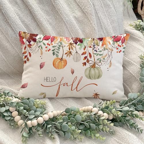 Fall Pumpkin Leaves Pillow Cover 12x20 Inch - Decorative Lumbar Cushion for Autumn Home Decor