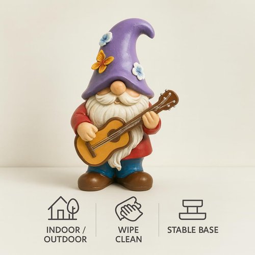 GoGnome Musical Gnome Figurine - Handcrafted 6.2" Tall Resin Garden Decoration with Guitar & Purple Hat