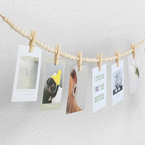 Hanging Photo Display Boho Wood Bead Garland Wall Decor - Nature / 1