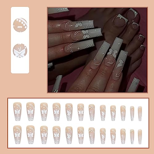 Press on Nails Long Coffin French Nude Pink Butterfly Fake Nails