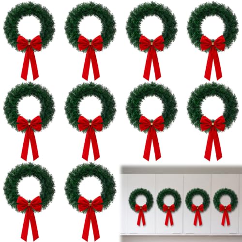 Artificial Christmas Wreath Set with Red Velvet Bow - 14 Inch Holiday Decoration