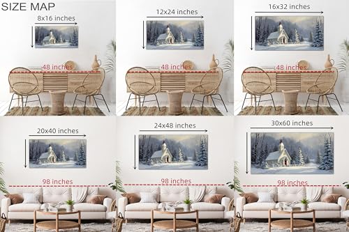 Winter Scene Canvas Wall Art - Snowy Landscape Rustic Church Christmas Decor - 24x32 Inches