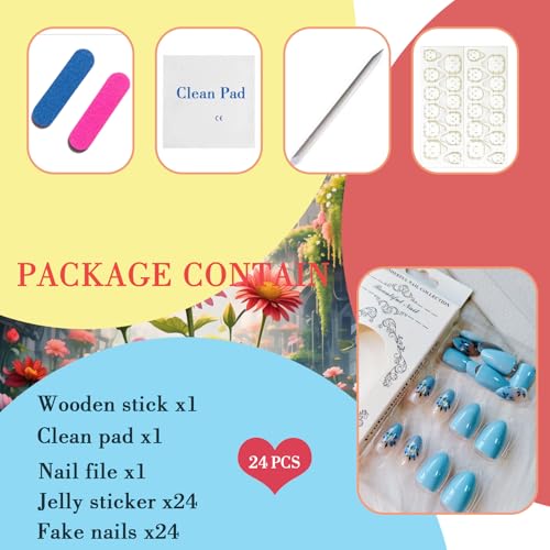 Navy Blue Short Almond Press on Nails with Flower Design - 24Pcs