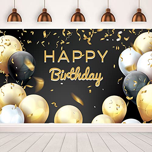 Happy Birthday Backdrop Banner - Black and Gold Party Decoration