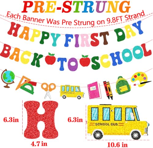 Happy First Day Back to School Banner - Colorful Decor (Red, Purple, Green, Blue, Grey, Pink)