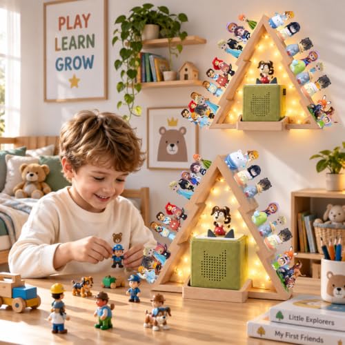 Christmas Tree Tonie Shelf - Wooden Storage for 36-48 Figures with LED Light - Wall-Mountable or Desktop Display