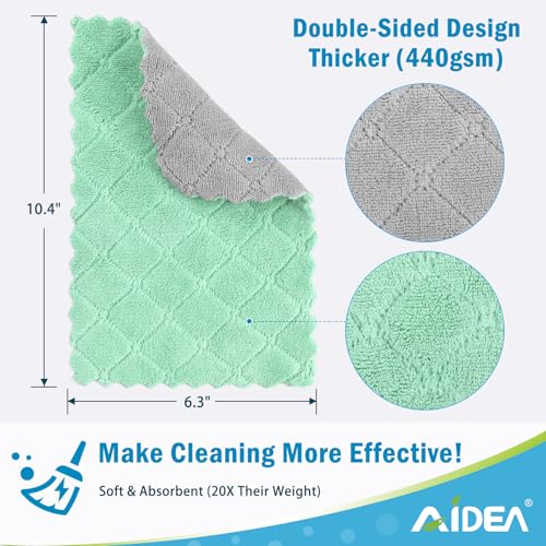 AIDEA Coral Fleece Kitchen Dishcloths, 6.3"x10.4", Green/Grey - 12 Pack