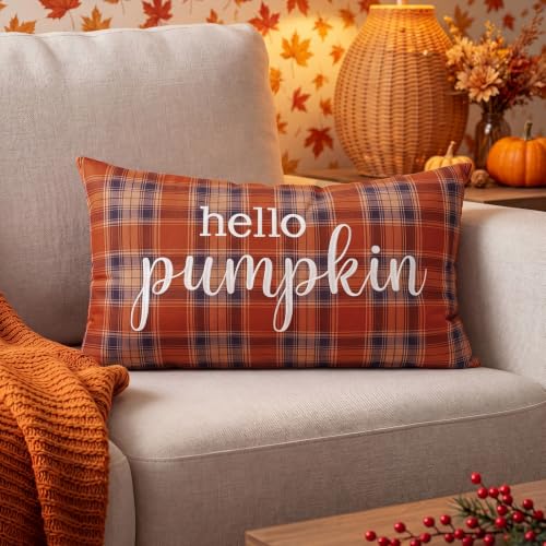 12x20 Orange Tartan Fall Pillow Cover with Hello Pumpkin Embroidery