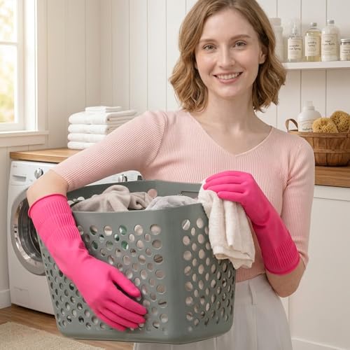 Gennethly Red Rubber Dishwashing Gloves - 2 Pairs, Medium Long Cuff