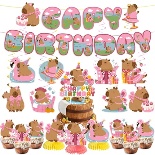 Pink Capybara Birthday Decorations Set - 35PCS for Girls