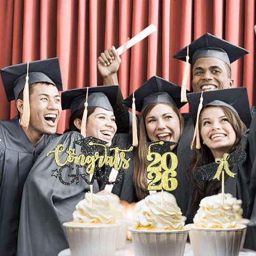 Class of 2026 Graduation Cupcake Toppers - 24PCS Black & Gold