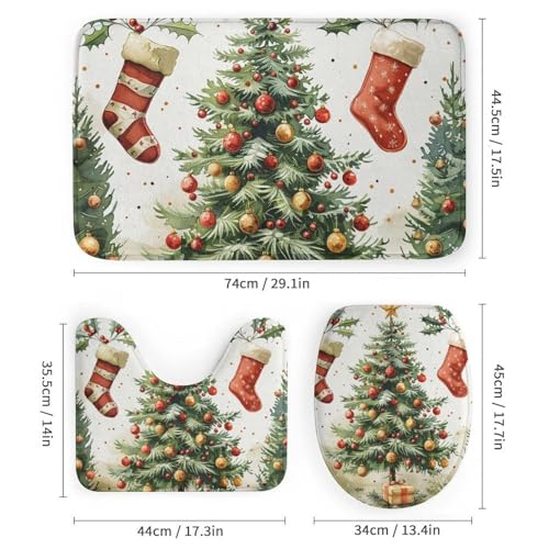 HDESDIS Christmas Pine Tree Shower Curtain Set with Rugs and Toilet Lid Cover - Snowflake Red Sock, 72x72 Inches - Holiday Bathroom Decor