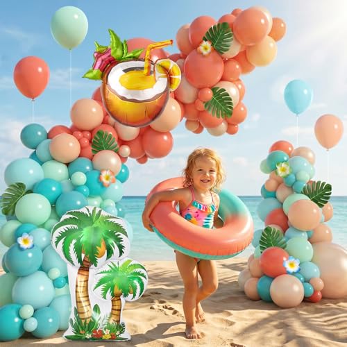 Amandir 165Pcs Tropical Balloon Arch Kit with Palm Leaves - Aqua Blue