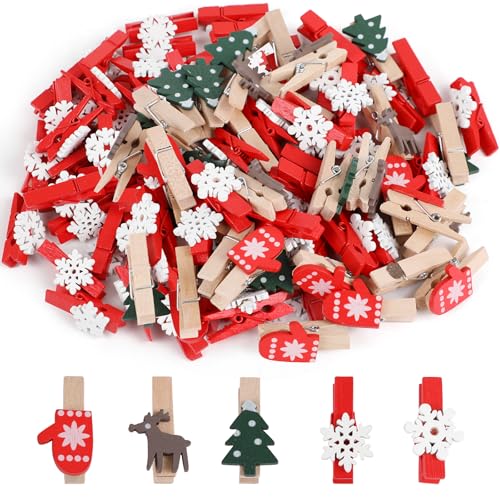 Multicolor Christmas Wood Clips 60pcs Snowflake Reindeer Tree Clothespins Craft Decorations