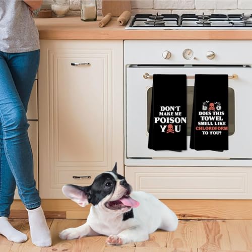 Funny Kitchen Towels Set of 2 - Don't Make Me Poison You Black Humor Dish Towels