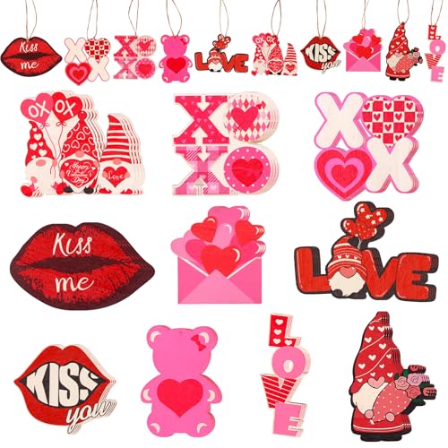 KICOSY 40PCS Pink Valentine's Day Ornaments - Hanging Heart & Gnome Decor Set